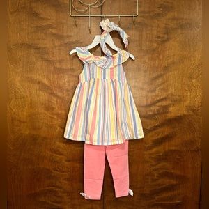 Tommy Bahama Pastel Striped Ruffle Top & Pink Leggings Set w/Headband Girls 8